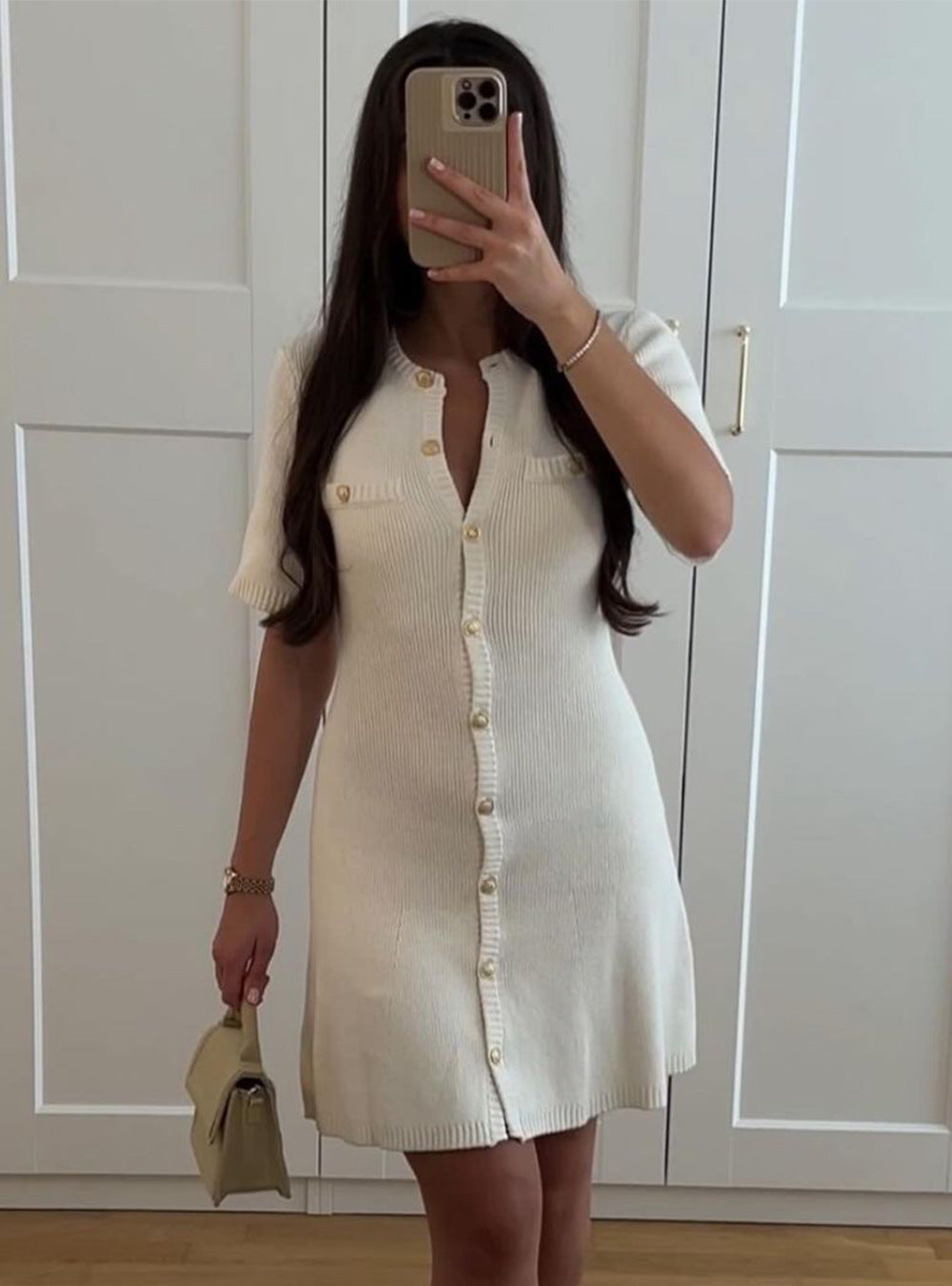 White A- line Skirt Elegant Chanel's Style Knitted Dress Sexy Metal Buckle 2024 Spring/Summer Europe and America Cross Border Dress