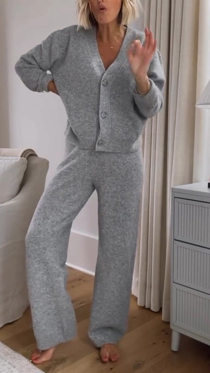 Women V-neck Casual Solid Color Set