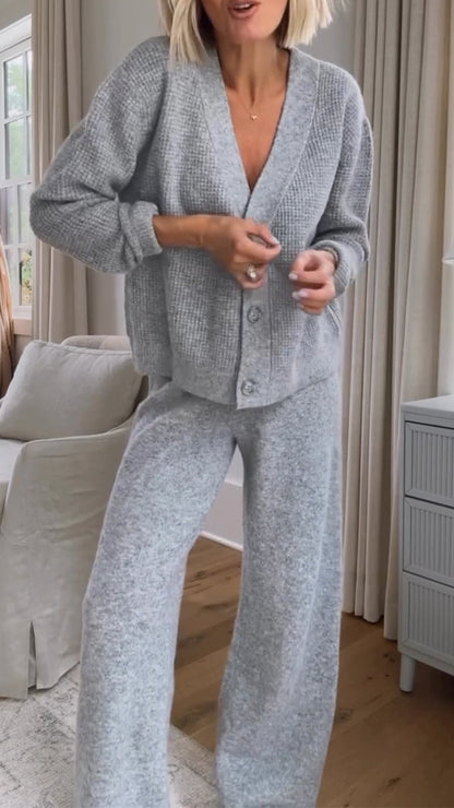 Women V-neck Casual Solid Color Set