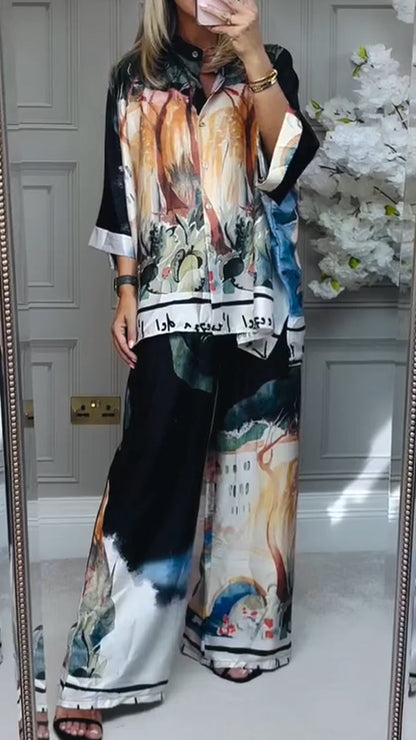 Women Round Neck Printed Loose Casual Suit