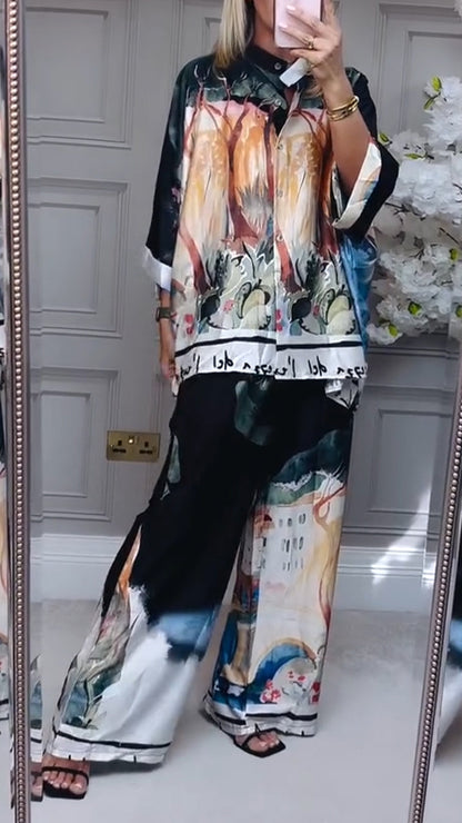 Women Round Neck Printed Loose Casual Suit