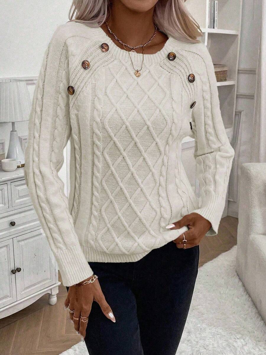 Clara – Button-Detail Cable Knit Sweater - Seldom Seen Styles