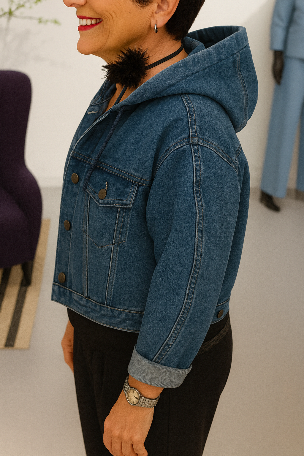 Women Round Neck Hooded Denim Splicing Casual Jacket - Seldom Seen Styles