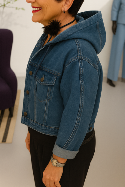 Women Round Neck Hooded Denim Splicing Casual Jacket