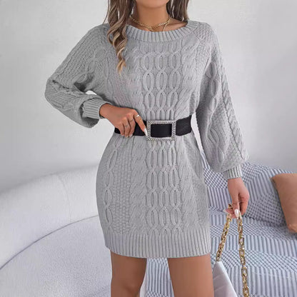 Women Round Neck Solid Color Lantern Sleeve Straight Sweater Dress