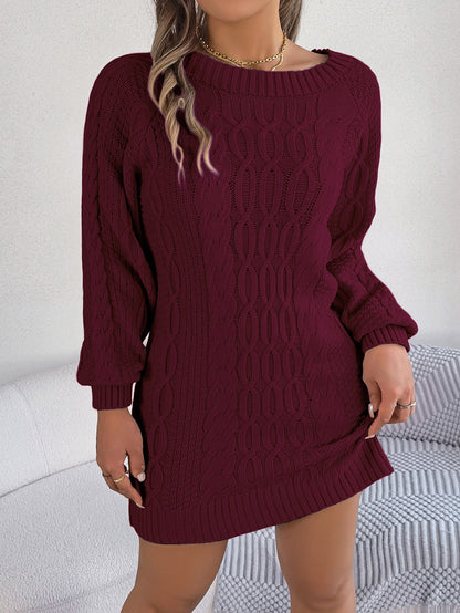 Women Round Neck Solid Color Lantern Sleeve Straight Sweater Dress