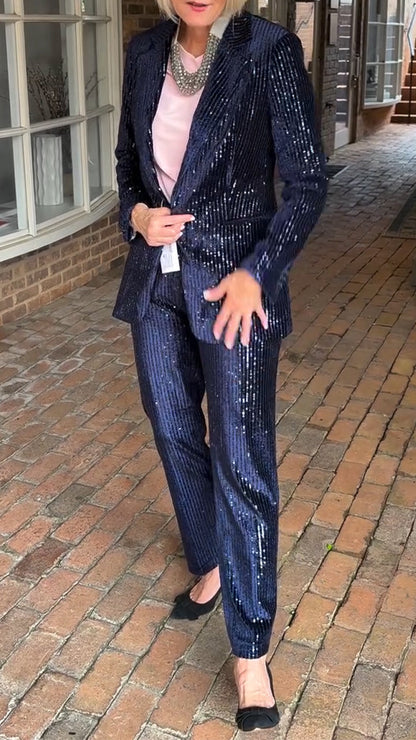 Women Lapel Sequined Jacket + Pants Commuter Temperament Suit