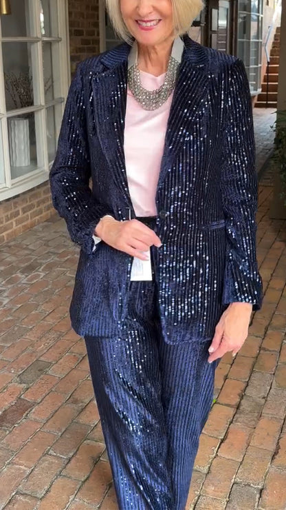 Women Lapel Sequined Jacket + Pants Commuter Temperament Suit