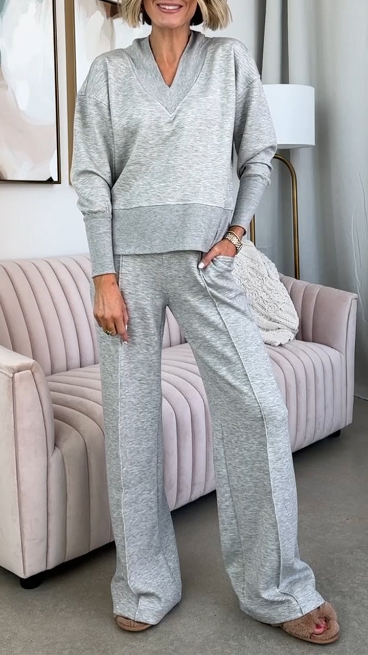 Women V-neck Patchwork Top + Pants Casual Suit - Seldom Seen Styles