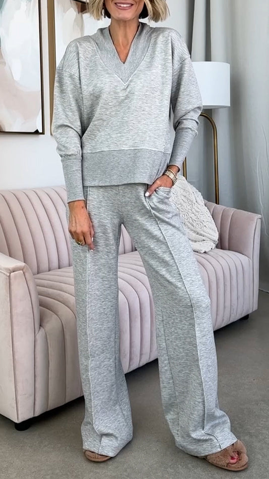Women V-neck Patchwork Top + Pants Casual Suit - Seldom Seen Styles