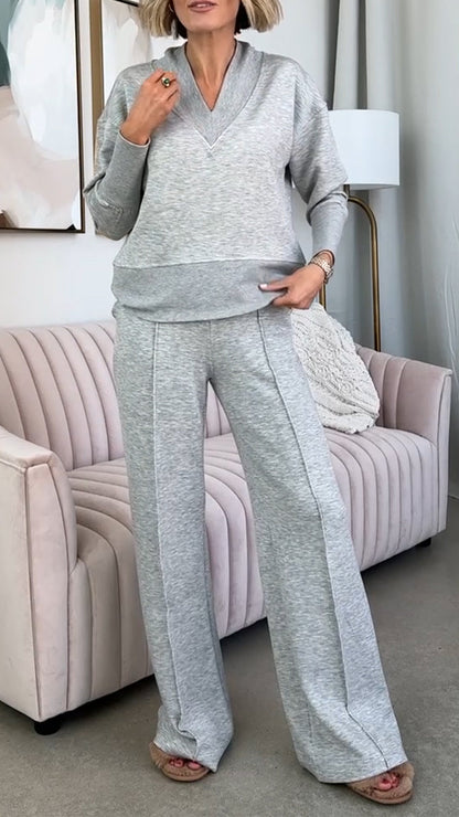 Women V-neck Patchwork Top + Pants Casual Suit