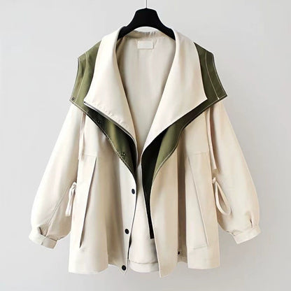 Women Lapel Loose Hooded Zippered Trench Coat