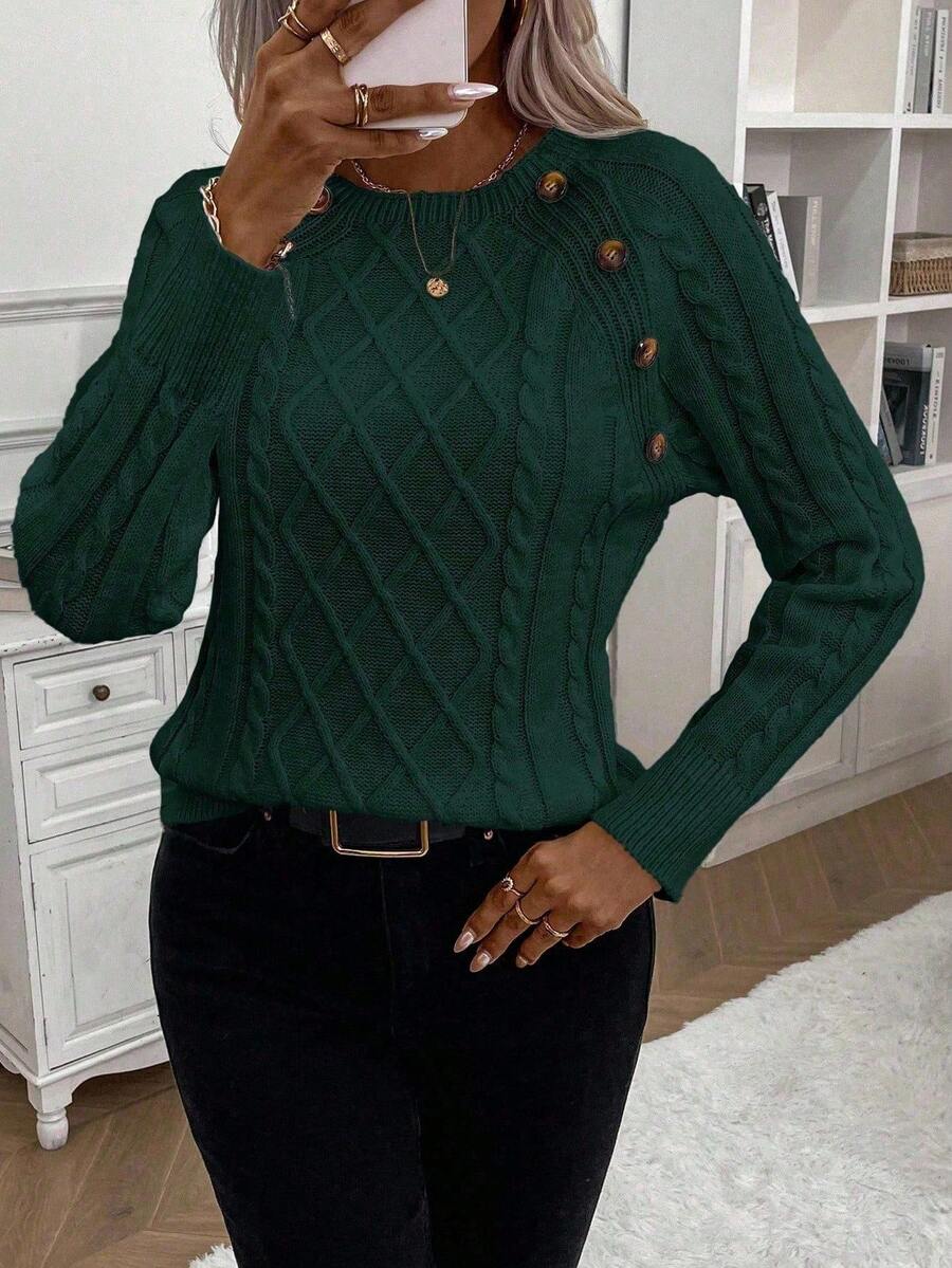 Clara – Button-Detail Cable Knit Sweater - Seldom Seen Styles