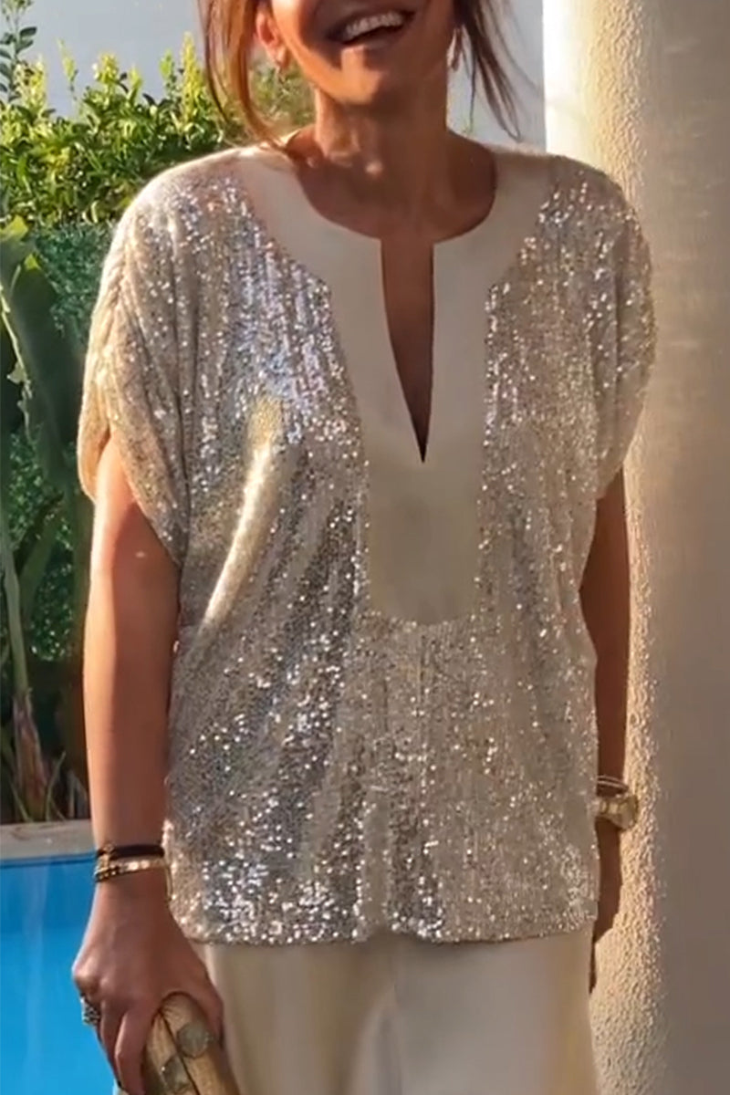 Women Round Neck Sequined Casual Top - Seldom Seen Styles