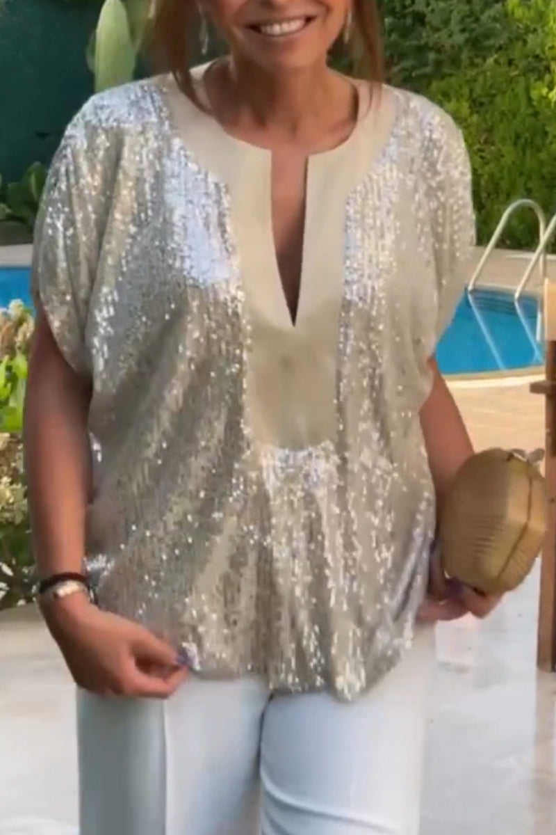Women Round Neck Sequined Casual Top - Seldom Seen Styles