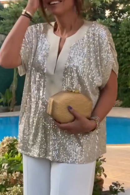 Women Round Neck Sequined Casual Top