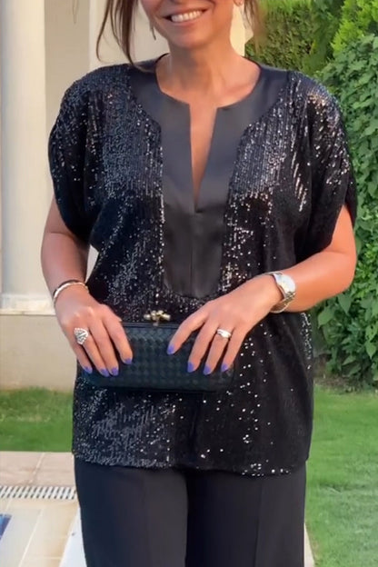 Women Round Neck Sequined Casual Top