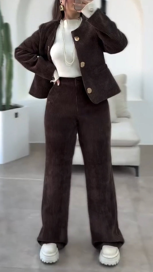 Women Round-neck Button-down Jacket + Pants Casual Suit - Seldom Seen Styles