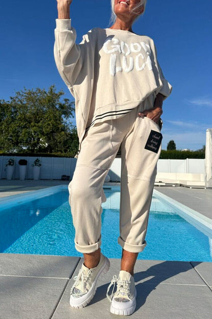 Women Round Neck Printed Letter Top + Pants Casual Suit