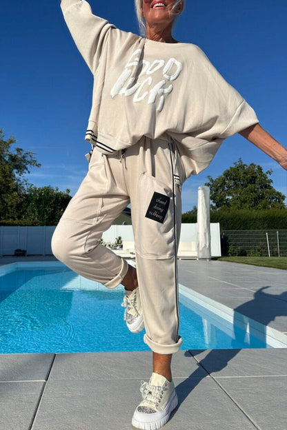 Women Round Neck Printed Letter Top + Pants Casual Suit