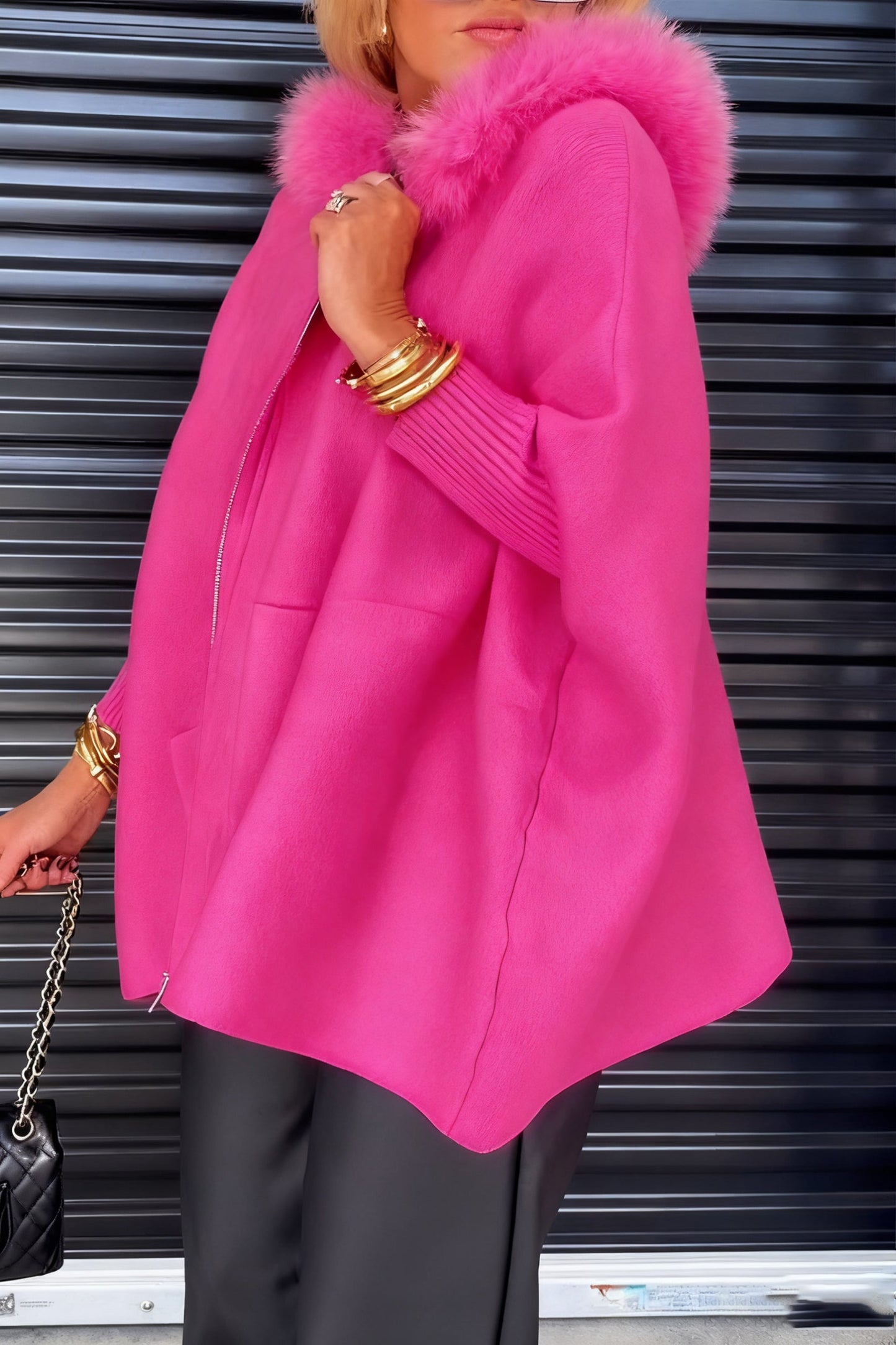 Women Fur Collar Solid Color Casual Jacket, Women's Fall Batwing Sleeve Full Zip Up Hooded Jacket Coat with Pockets - Seldom Seen Styles