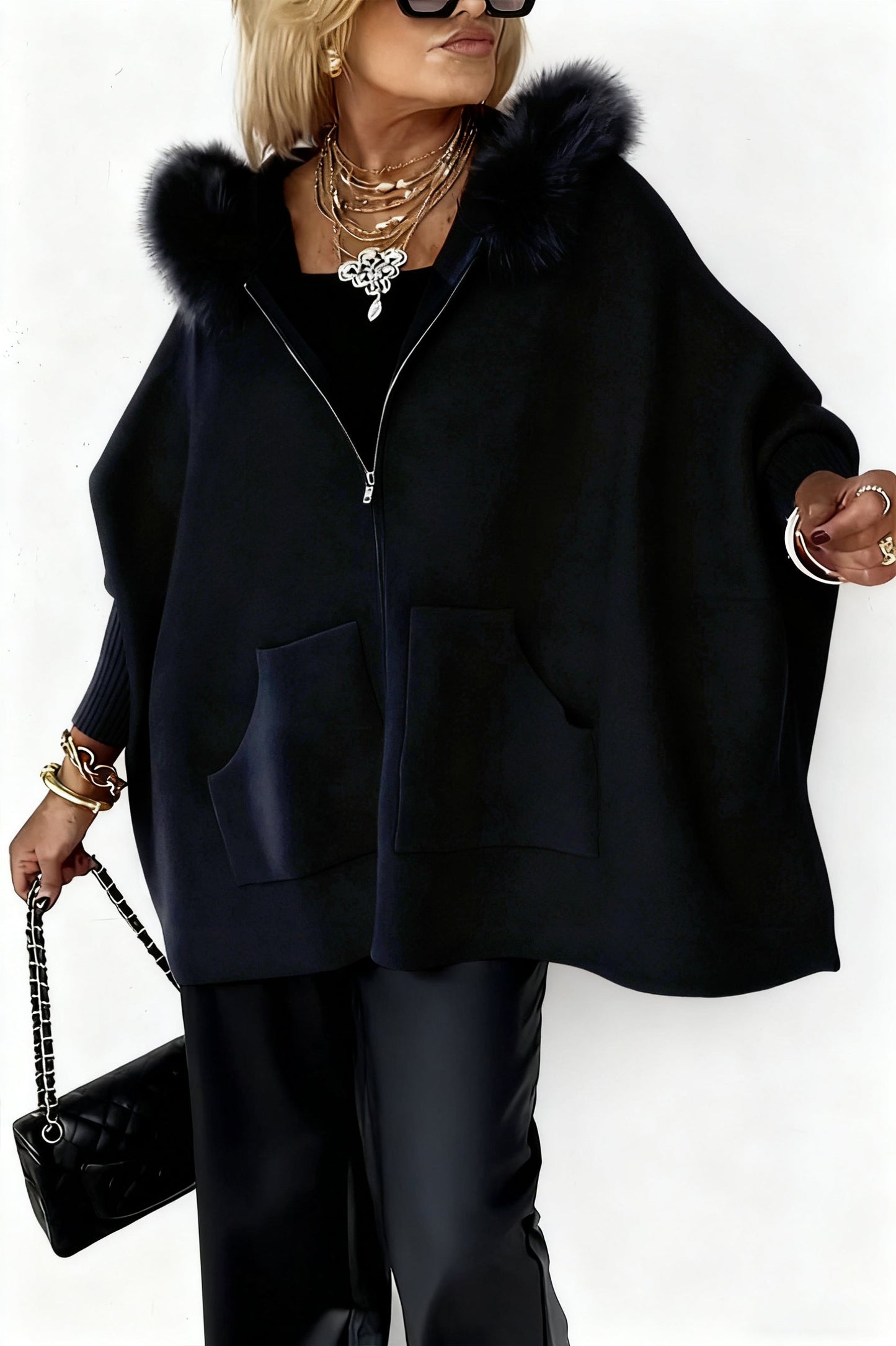 Women Fur Collar Solid Color Casual Jacket, Women's Fall Batwing Sleeve Full Zip Up Hooded Jacket Coat with Pockets - Seldom Seen Styles