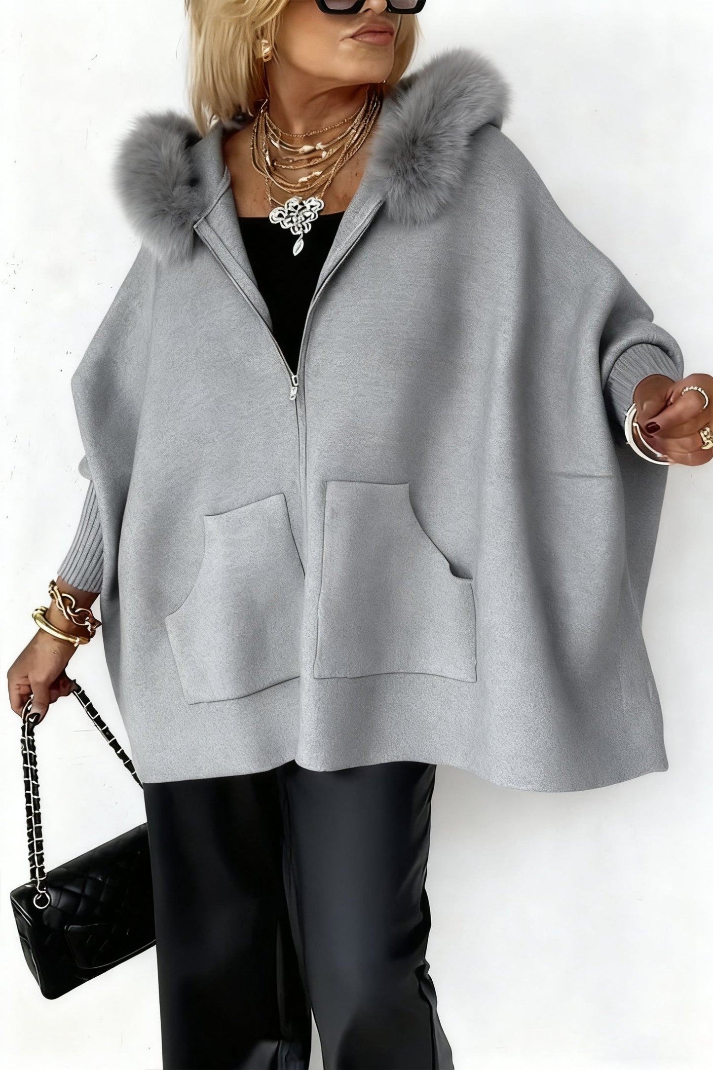 Women Fur Collar Solid Color Casual Jacket, Women's Fall Batwing Sleeve Full Zip Up Hooded Jacket Coat with Pockets - Seldom Seen Styles