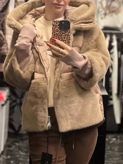 Women Hooded Plush Patchwork Casual Coat