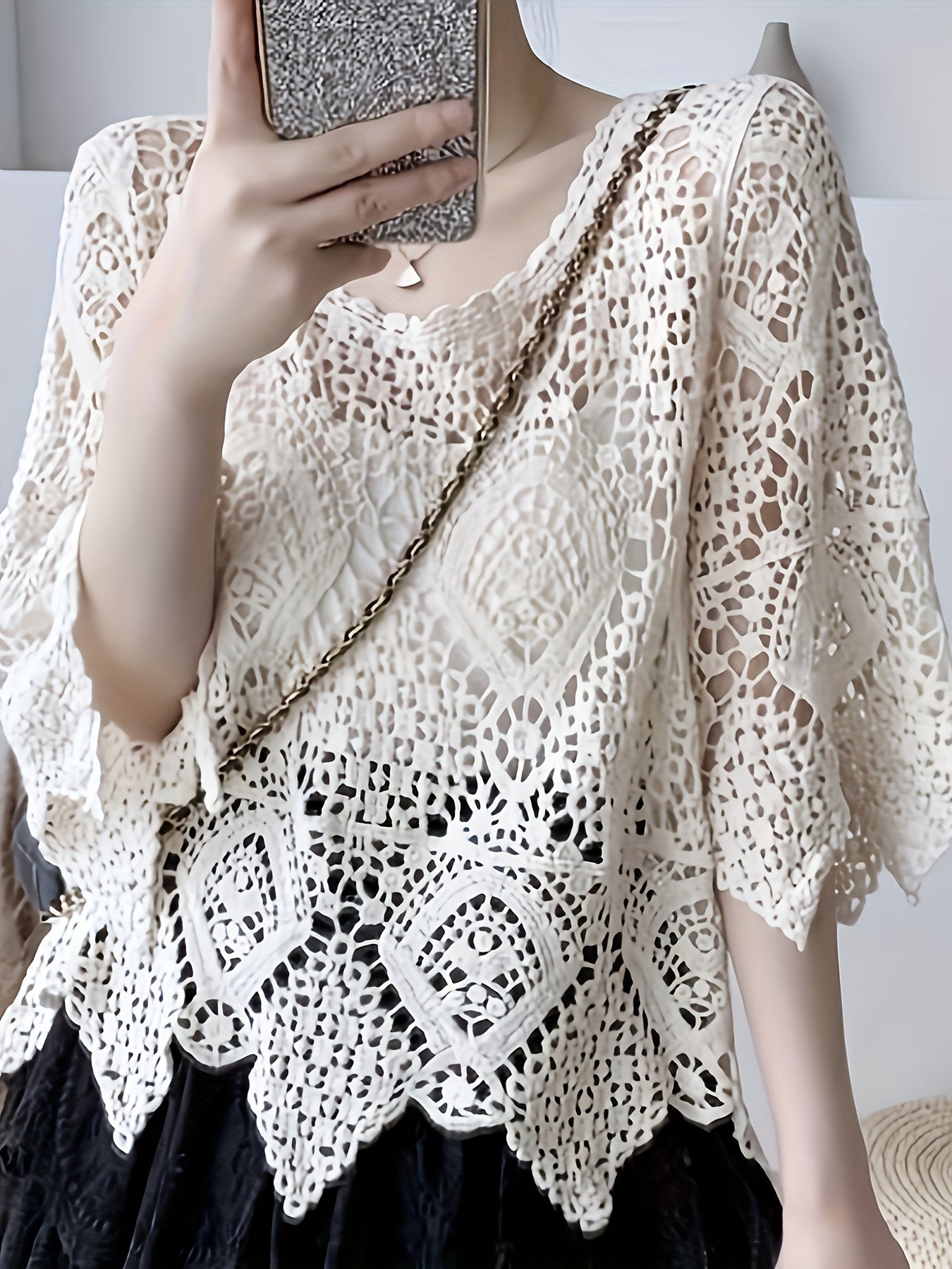 Crochet Asymmetrical Hem Knitted Top, Casual Beach Wear Half Sleeve Summer Top, Women's Clothing