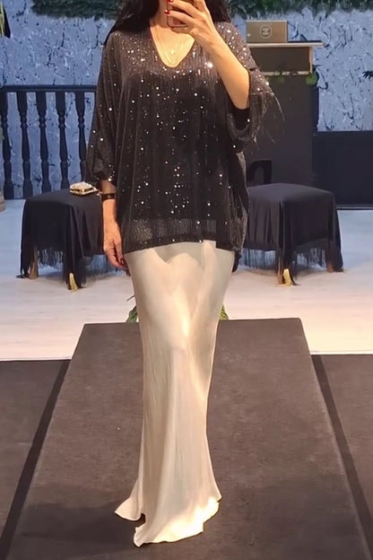 Womens Elegant Party Sequined V-Neck Top