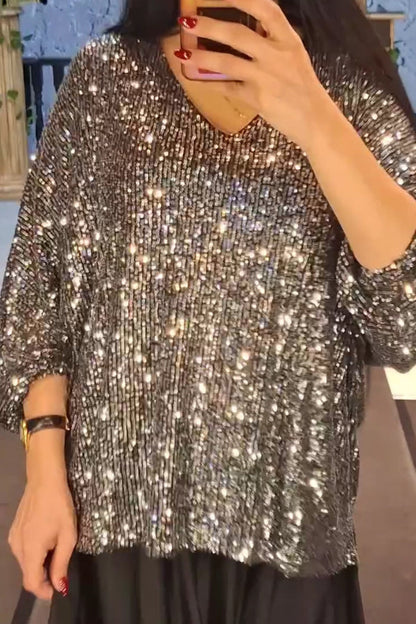 Womens Elegant Party Sequined V-Neck Top