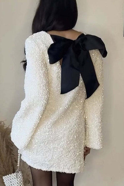 Women's Sequined Dress Petersham Ribbon Long Sleeve Party Night Out Club Festival Dresses
