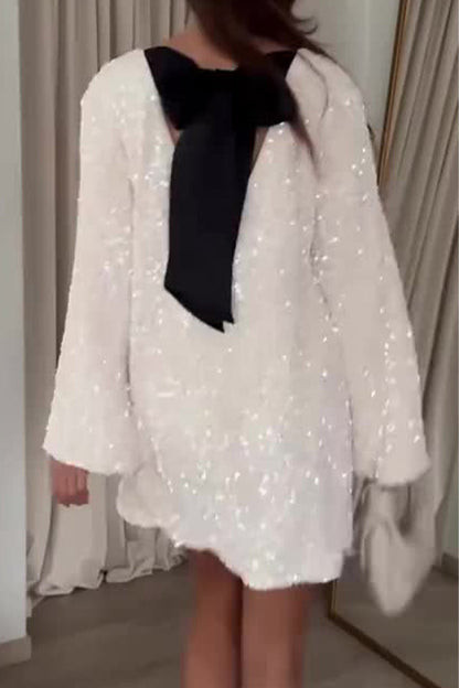 Women's Sequined Dress Petersham Ribbon Long Sleeve Party Night Out Club Festival Dresses