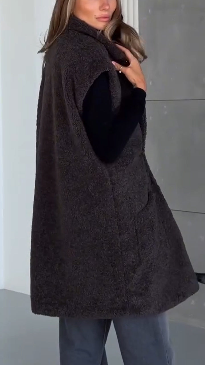 Womens Sleeveless Sherpa Vest with Pockets Lapel Open Front Fleece Cardigan Sweater Fuzzy Jacket Coat - Seldom Seen Styles