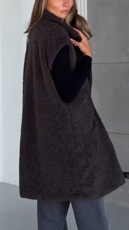 Womens Sleeveless Sherpa Vest with Pockets Lapel Open Front Fleece Cardigan Sweater Fuzzy Jacket Coat