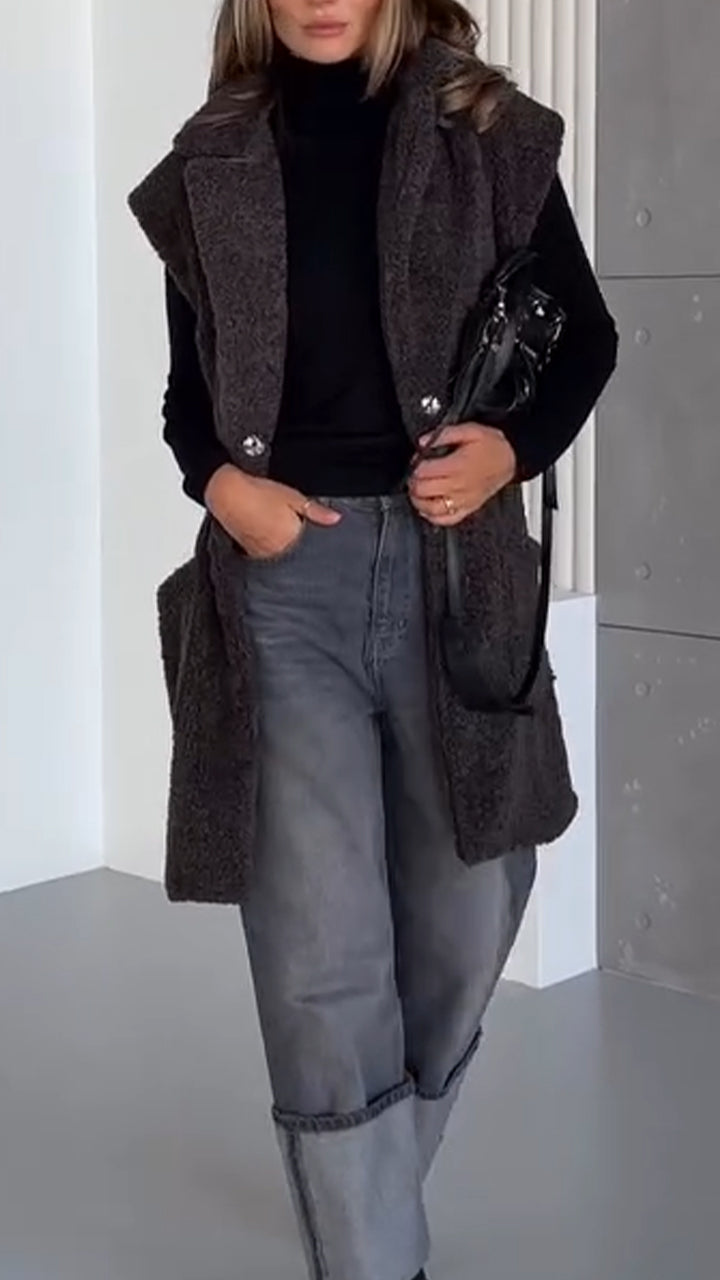 Womens Sleeveless Sherpa Vest with Pockets Lapel Open Front Fleece Cardigan Sweater Fuzzy Jacket Coat - Seldom Seen Styles