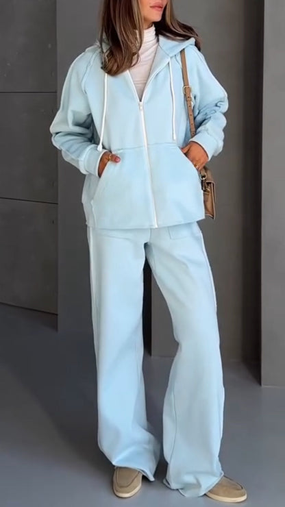 Women Round Neck Hooded Jacket + Pants Casual Suit