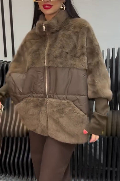 Women Lapel Stitching Casual Plush Coat