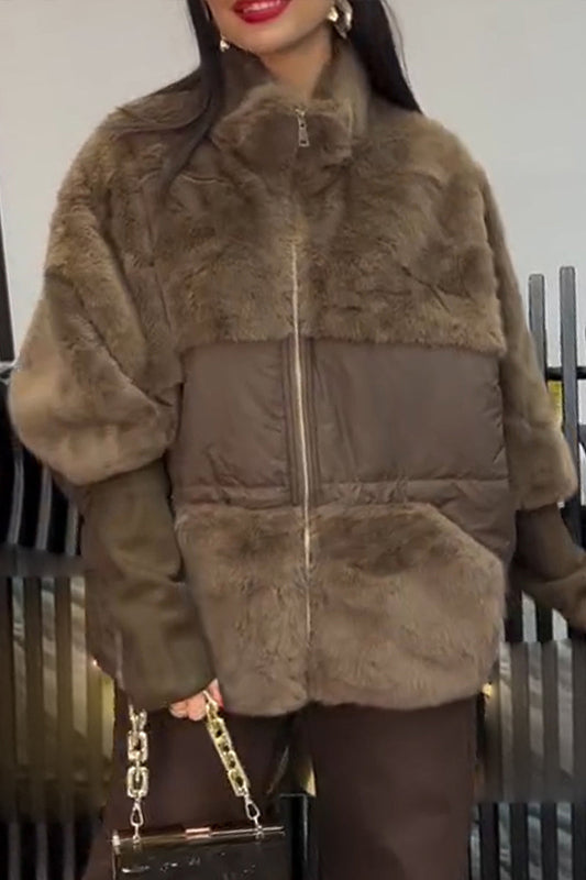 Women Lapel Stitching Casual Plush Coat - Seldom Seen Styles