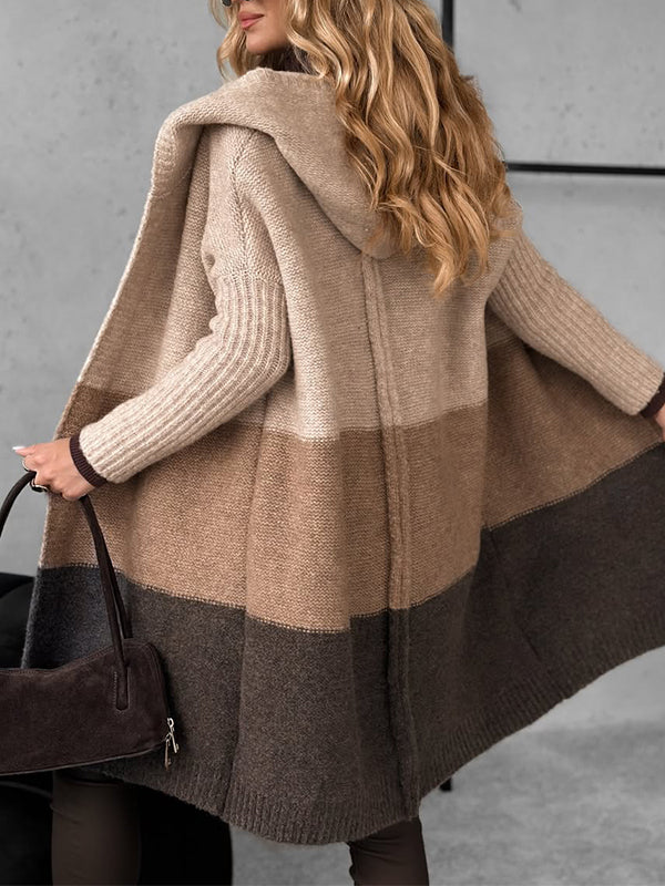 Women 2025 Fall Outfits Open Front Long Sleeve Hooded Knit Cardigan Sweaters Color Block Outwear Coats - Seldom Seen Styles