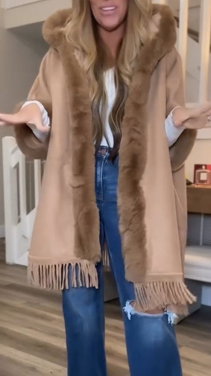 Women Fine Knit Open Front Faux Fur Trim Layers Poncho Cape Cardigan Sweater