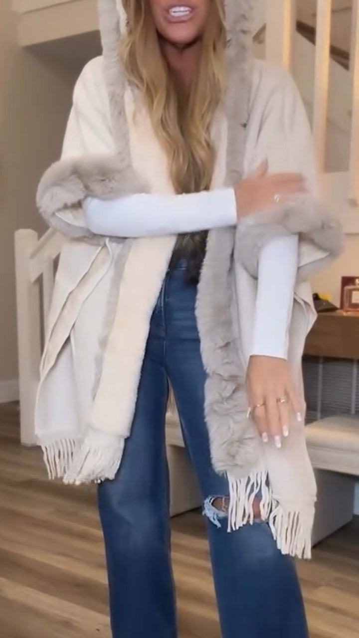 Women Fine Knit Open Front Faux Fur Trim Layers Poncho Cape Cardigan Sweater - Seldom Seen Styles