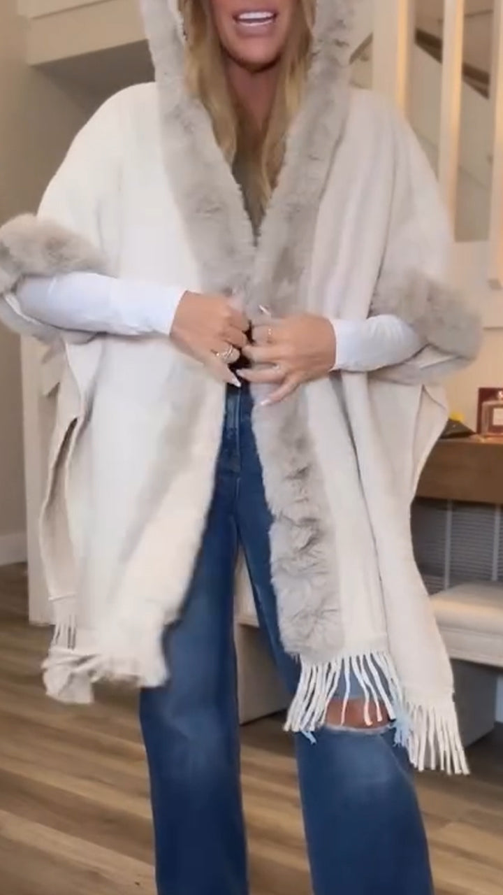 Women Fine Knit Open Front Faux Fur Trim Layers Poncho Cape Cardigan Sweater - Seldom Seen Styles