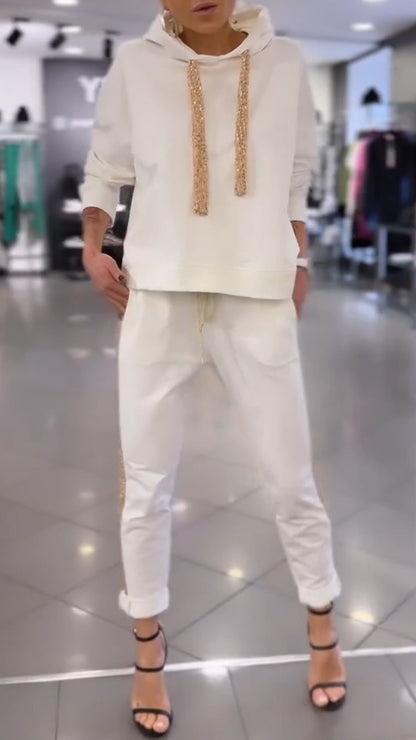 Women Hooded Drawstring Sweatshirt + Pants Casual Suit