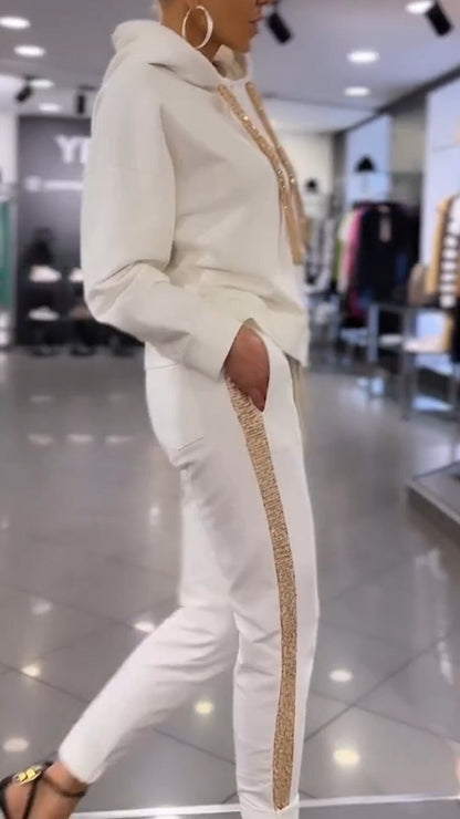 Women Hooded Drawstring Sweatshirt + Pants Casual Suit