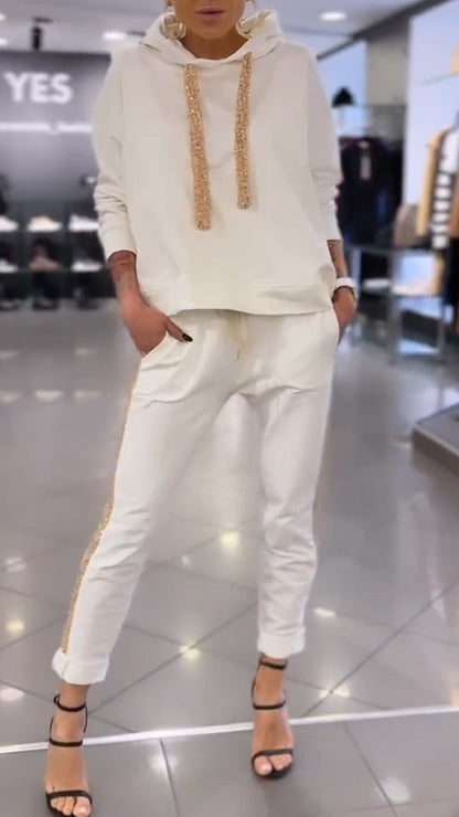 Women Hooded Drawstring Sweatshirt + Pants Casual Suit