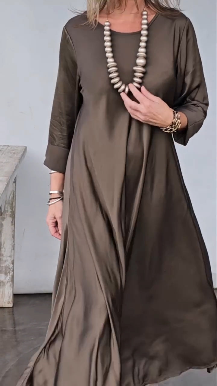 Womens Cotton Linen Maxi Dresses Casual Loose Fit V Neck 3/4 Sleeve Side Slit A Line Linen Long Dress - Seldom Seen Styles