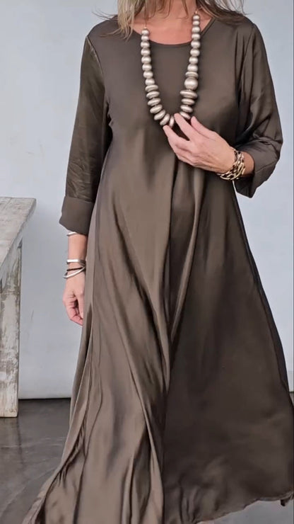 Womens Cotton Linen Maxi Dresses Casual Loose Fit V Neck 3/4 Sleeve Side Slit A Line Linen Long Dress