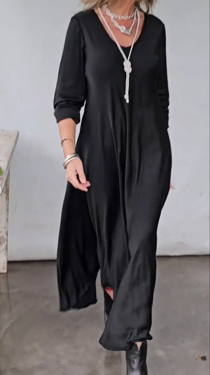 Womens Cotton Linen Maxi Dresses Casual Loose Fit V Neck 3/4 Sleeve Side Slit A Line Linen Long Dress