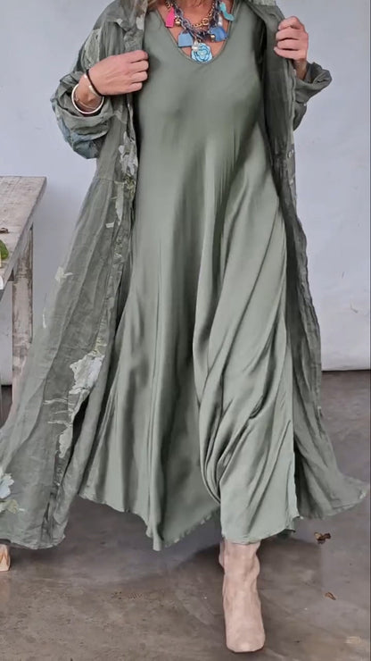 Womens Cotton Linen Maxi Dresses Casual Loose Fit V Neck 3/4 Sleeve Side Slit A Line Linen Long Dress